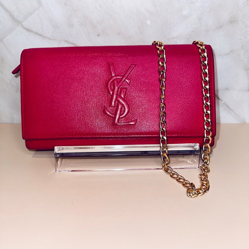 Yves Saint Laurent Fuchsia Leather wallet on a Gold Chain
